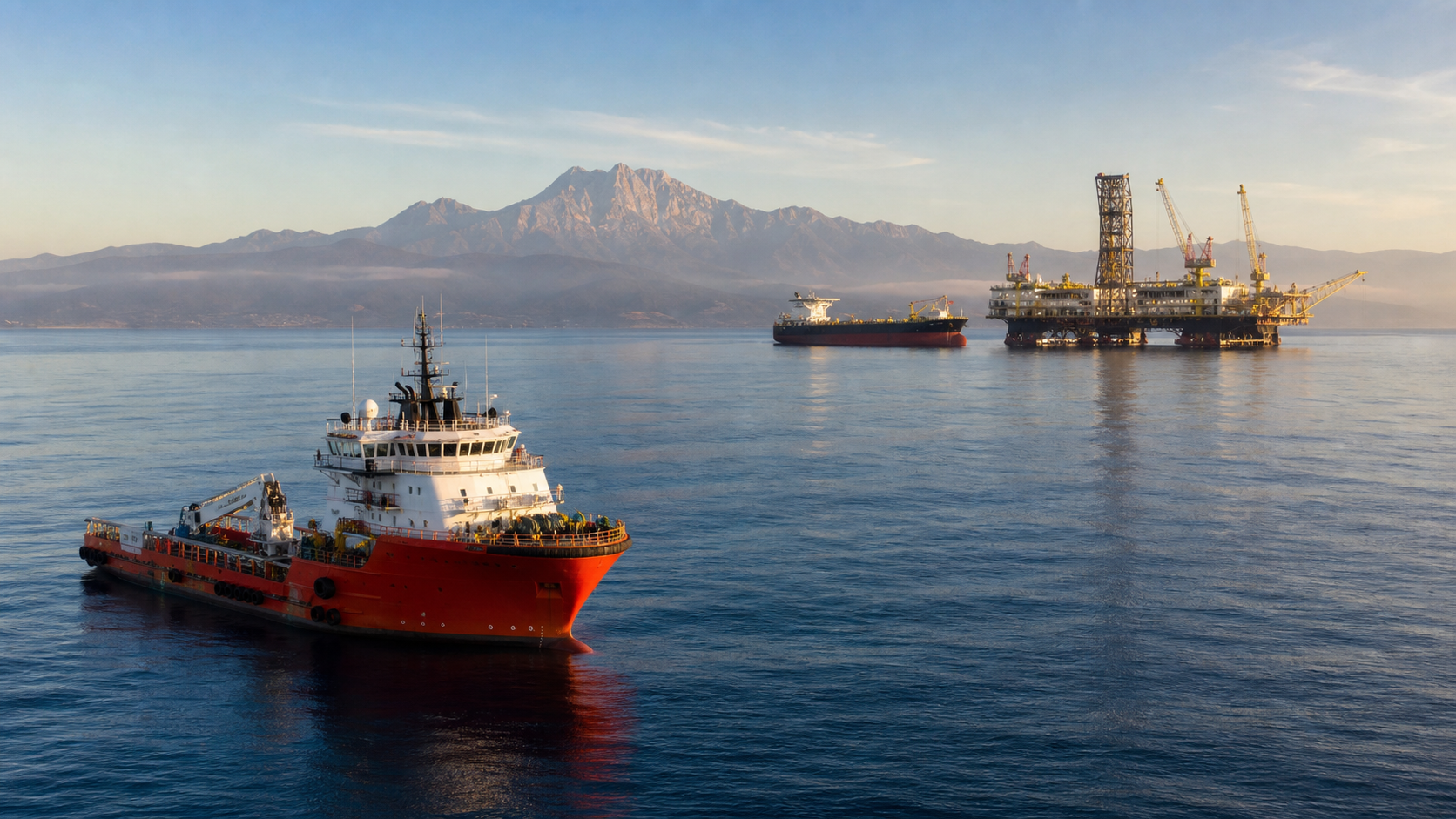 Offshore support vessel and energy operations near Sabah with Mount Kinabalu in the distance